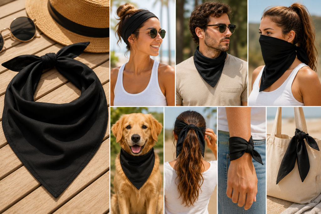 Custom bandana showcasing Apliiq customization services, including custom embroidery, custom patches, and woven labels, highlighting a versatile summer essential for accessory brands.