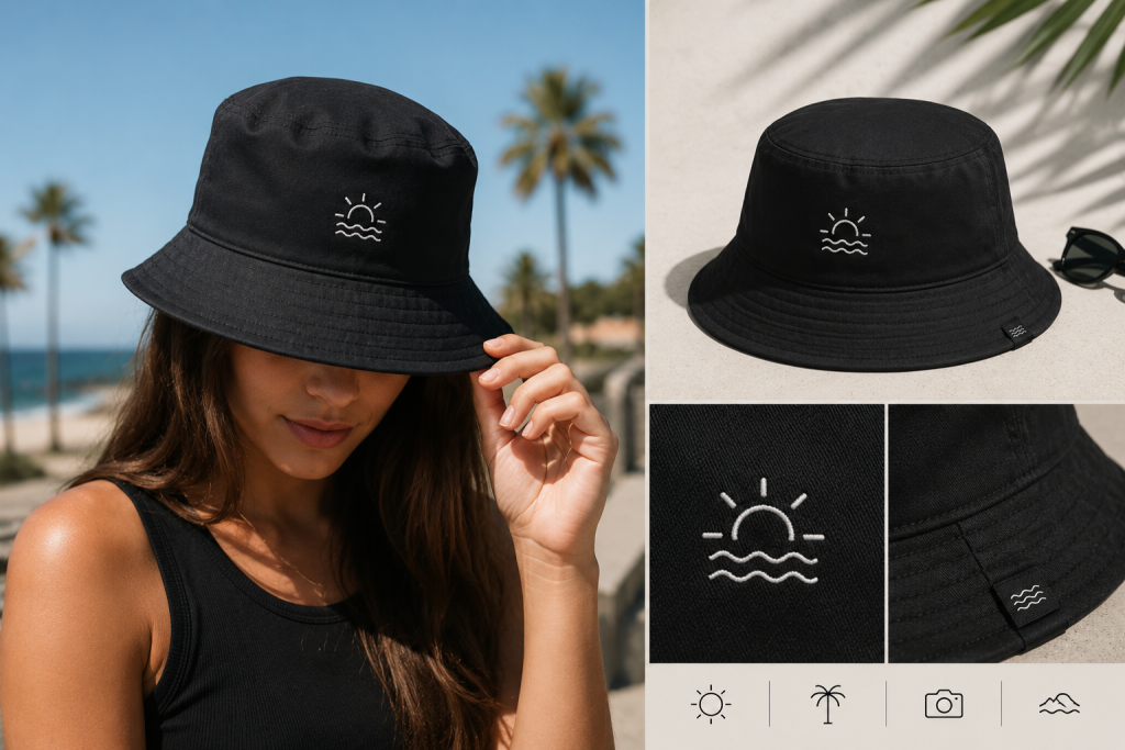 Custom bucket hat showcasing Apliiq customization services, including custom embroidery, custom patches, and woven labels, highlighting a versatile summer essential for apparel brands.