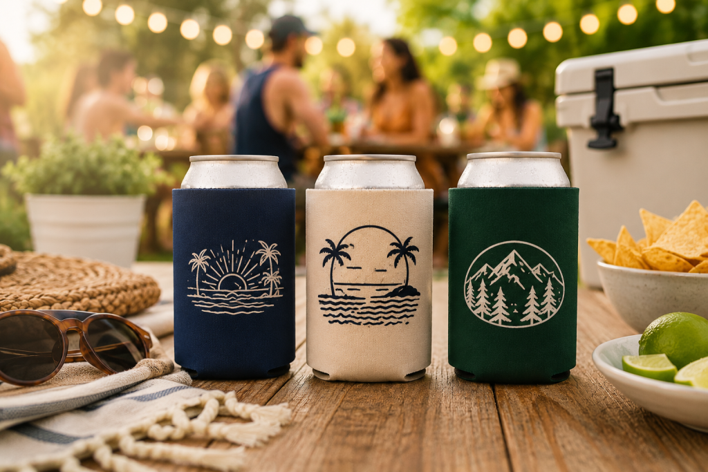 Custom koozies showcasing Apliiq customization services, including Transfer print, highlighting a versatile summer essential for accessory brands.