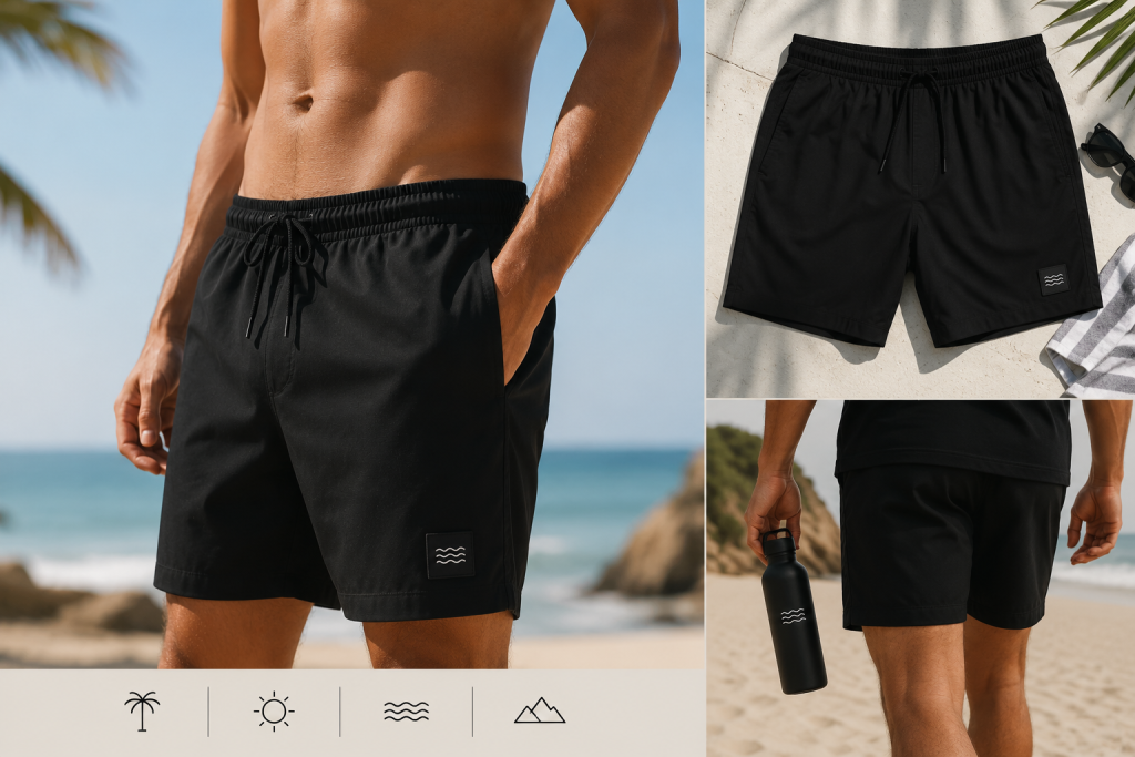 Custom Shorts showcasing Apliiq customization services, including custom embroidery, custom patches, and woven labels, highlighting a versatile summer essential for apparel brands.