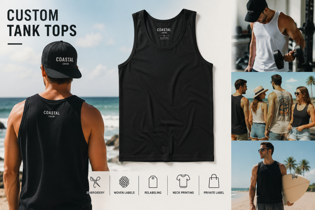 Custom tank tops showcasing Apliiq customization services, including custom embroidery, custom patches, and woven labels, highlighting a versatile summer essential for apparel brands.