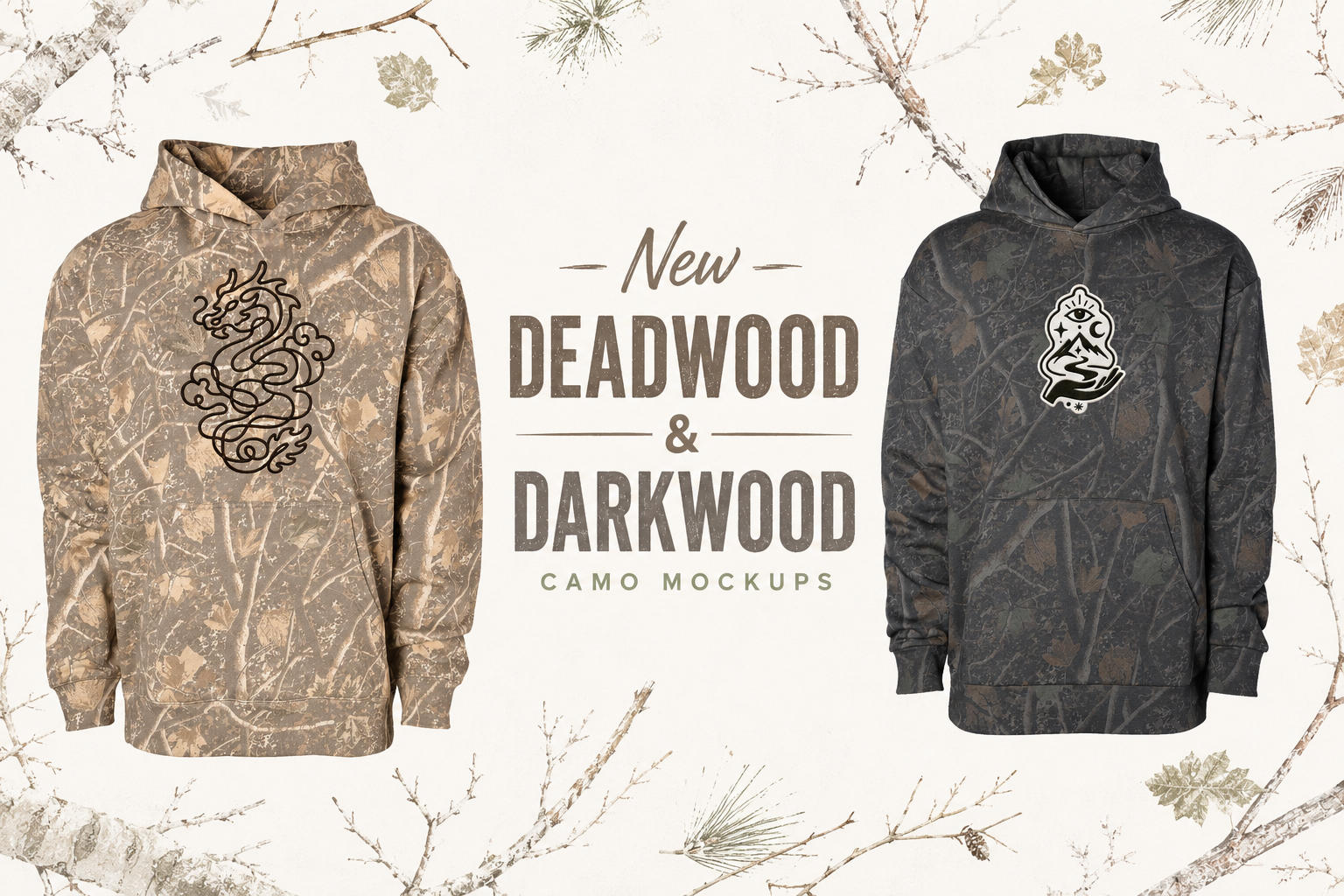 Deadwood and Darkwood tree camo mockup packs featuring Independent Trading Co. heavyweight hoodies.