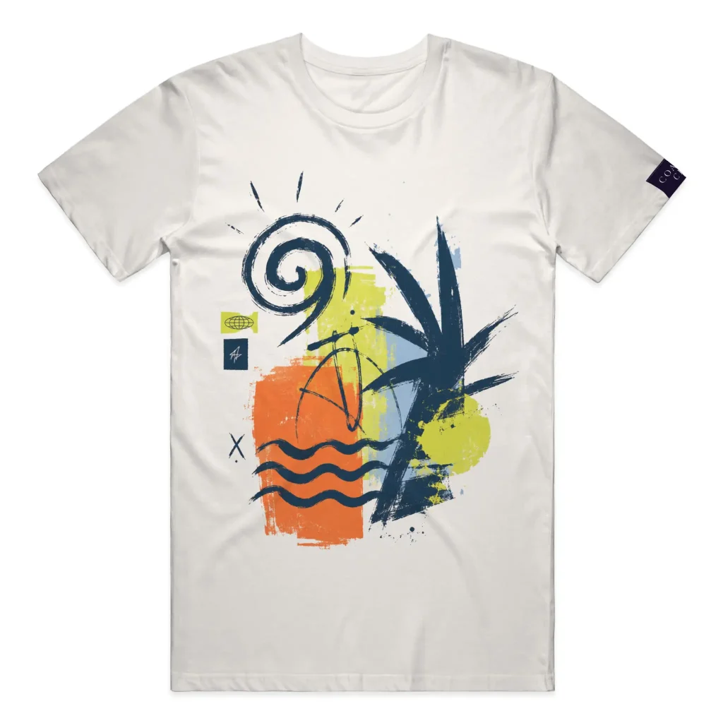 Gildan 3000 t-shirt mockup featuring a custom front print, back print and folded sleeve label generated by Apliiq.