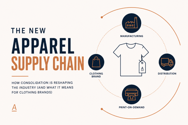Minimal illustration of the apparel supply chain showing how Gildan, S&S Activewear, and SanMar reshaped the industry through acquisitions and strategic growth.
