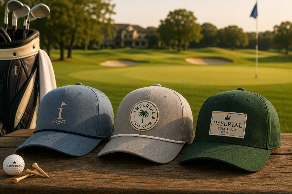 Imperial custom hat graphic featuring a classic golf-style cap with refined embroidered artwork, showcasing a premium blank for custom branding.