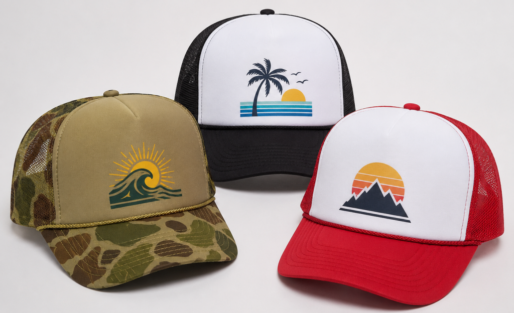 OTTO custom hat graphic featuring a foam trucker hat with bold front artwork, showcasing a popular blank for custom branding and promotional collections.