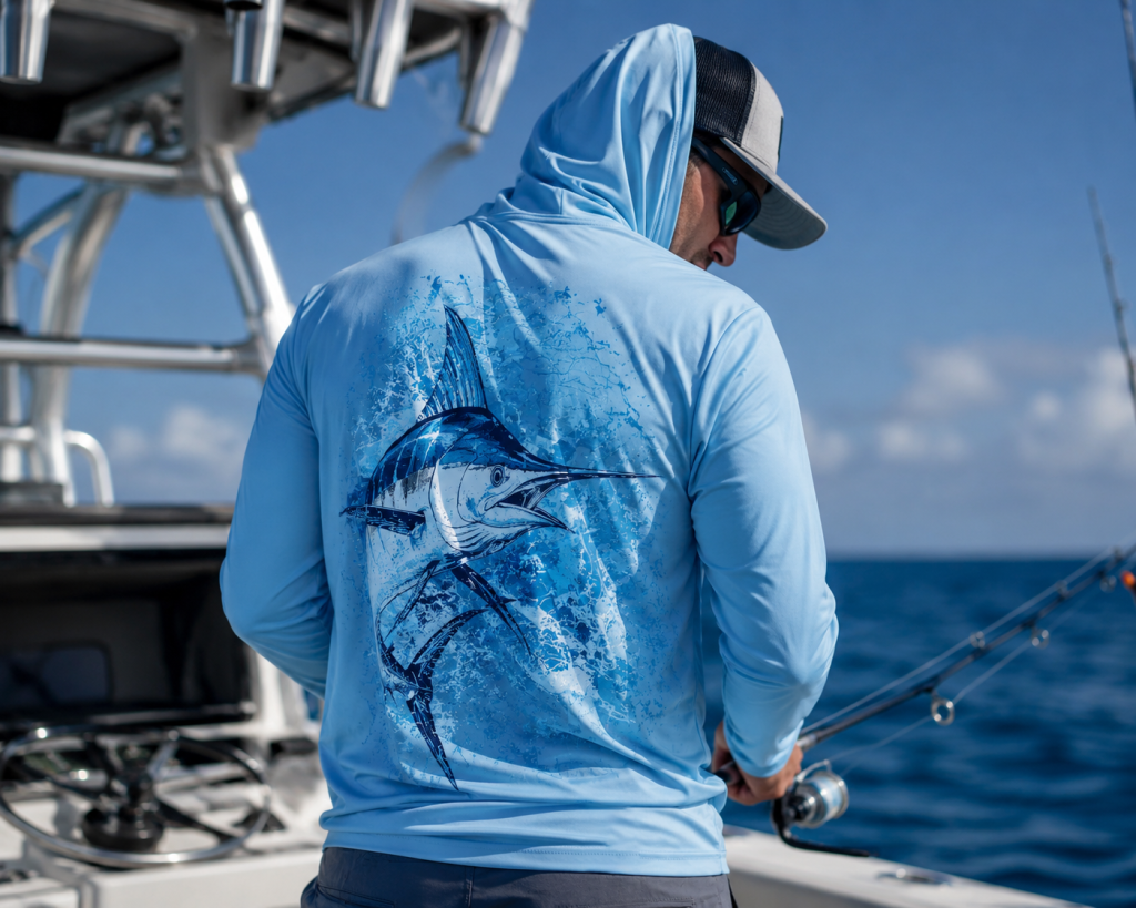 Model wearing the Paragon Bahama Hooded LS Tee with a fishing-inspired back graphic, designed for all-day sun protection on the water.