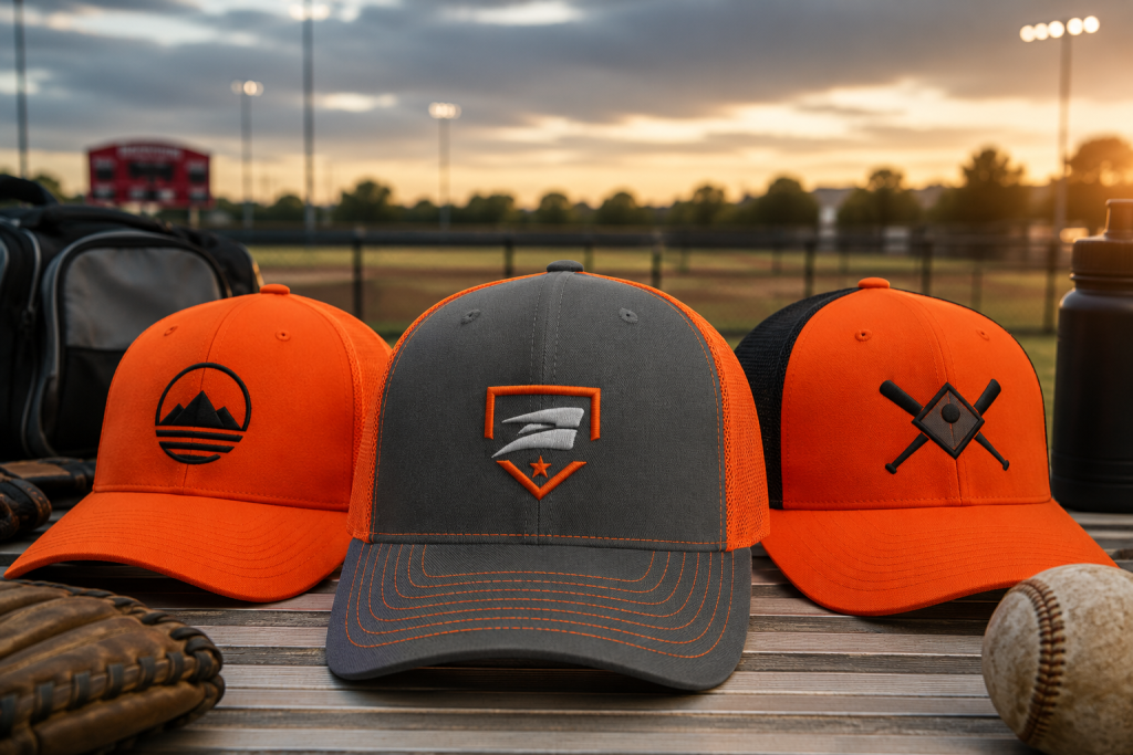 Richardson custom hat graphic featuring a sports-inspired trucker cap with bold embroidered artwork, highlighting a popular blank for athletic and outdoor branding.