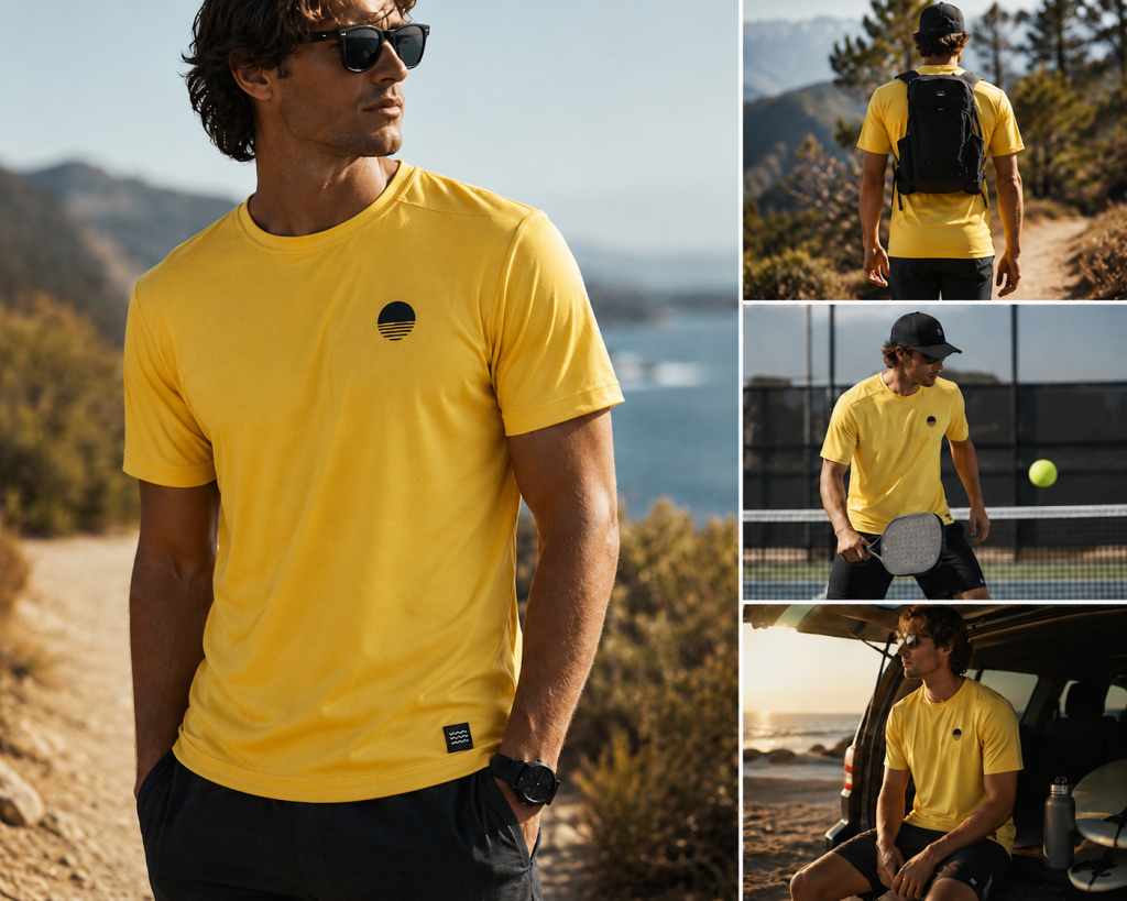 Model wearing the Sport-Tek Posi UV Pro Tee (ST420) during hiking, camping, paddling, and other outdoor activities, showcasing its versatile performance design.