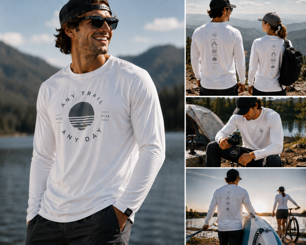 Model wearing the Team 365 Men's Long-Sleeve T-Shirt (TT11L) with a modern outdoor graphic during hiking, camping, paddling, and everyday outdoor activities