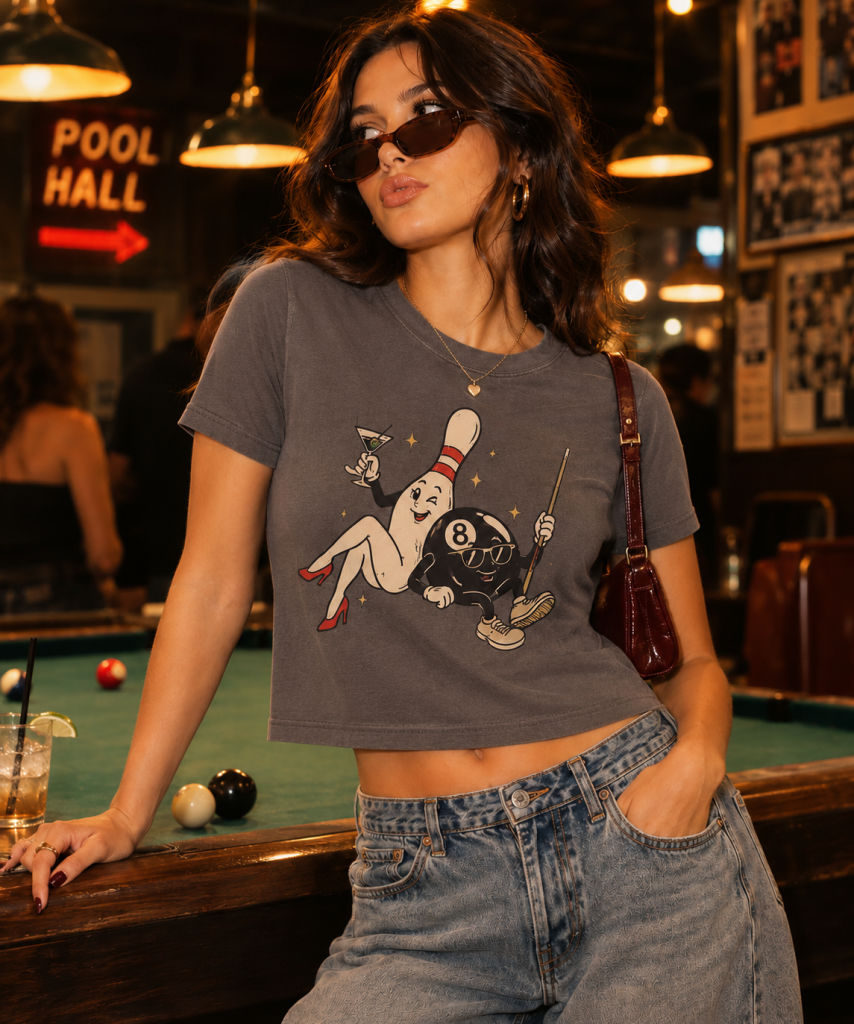Vintage bowling and pool hall-inspired apparel graphic