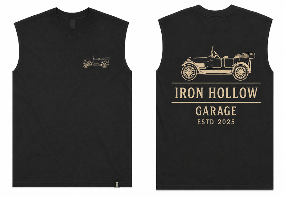 Vintage motors and garage club-inspired apparel graphic with classic automotive typography and imagery