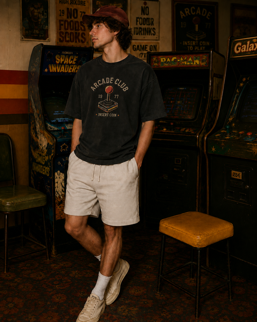 1970s arcade-inspired apparel graphic with retro gaming imagery and vintage typography
