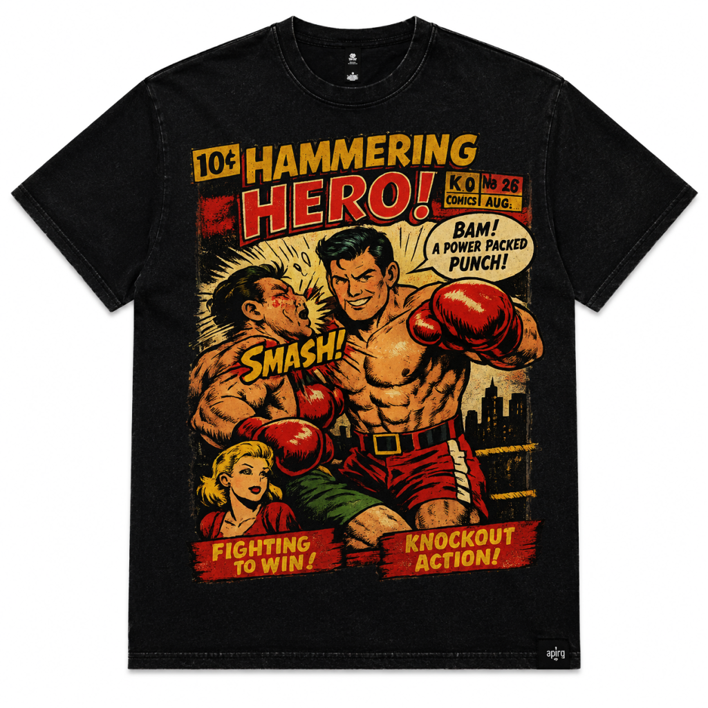 Vintage comic book-inspired apparel graphic with bold retro lettering, illustrations, and comic-style details