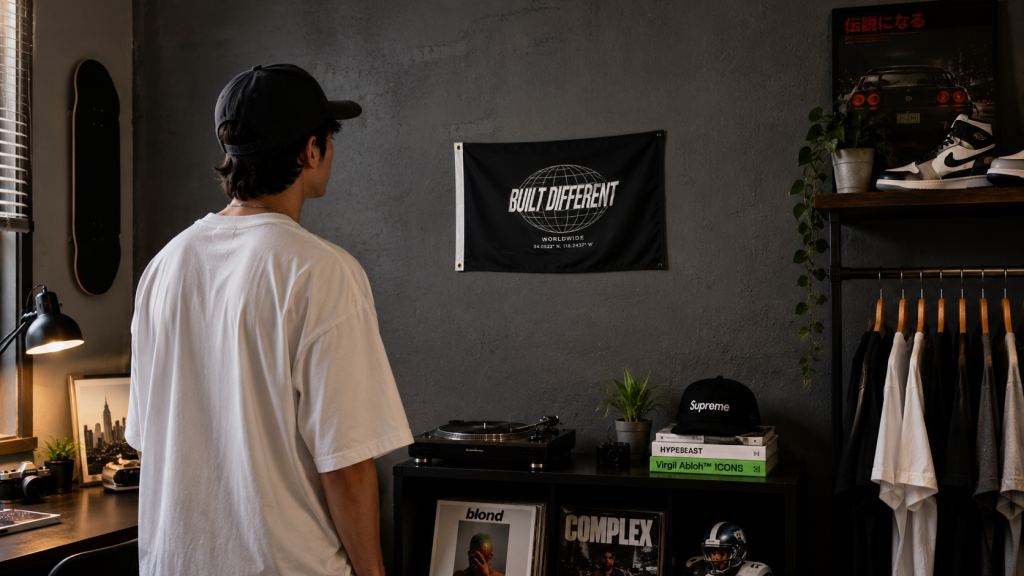 Custom canvas flag available on Apliiq for customization and branding services, including screen printing, embroidery, woven labels, custom patches, private labeling, and print-on-demand for apparel brands, retail displays, events, and promotional marketing.
