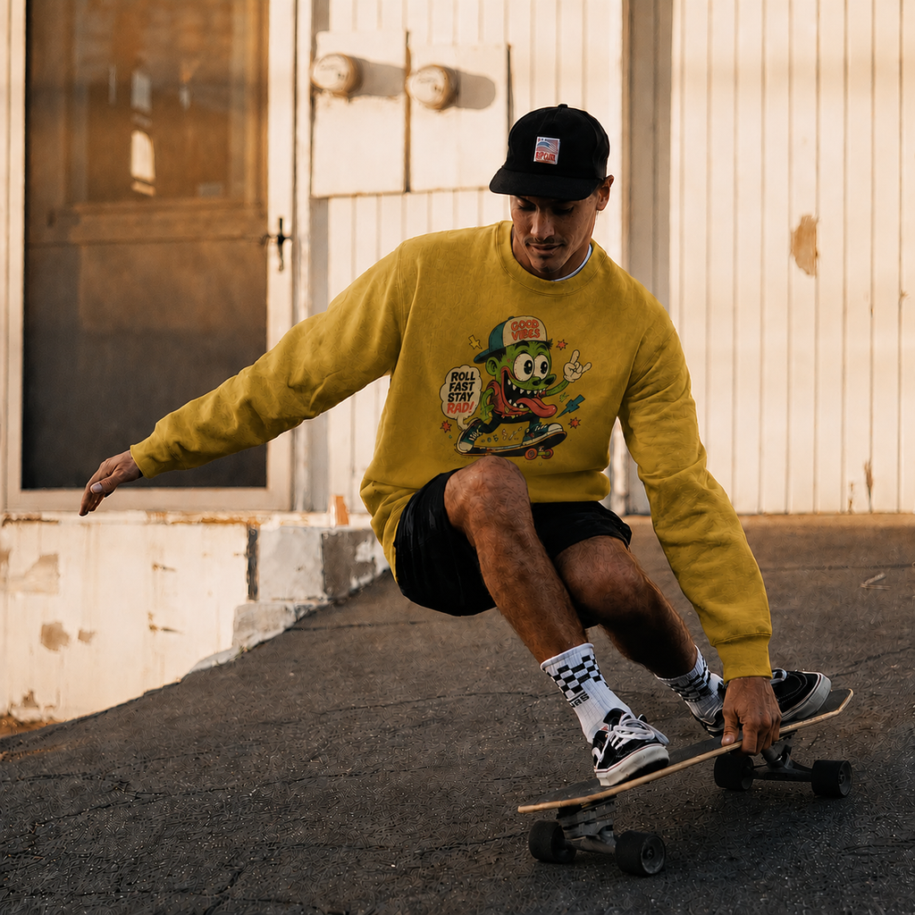 Apliiq mockup showing a skate-inspired graphic on the Independent Trading Co IND5000C heavyweight crewneck.