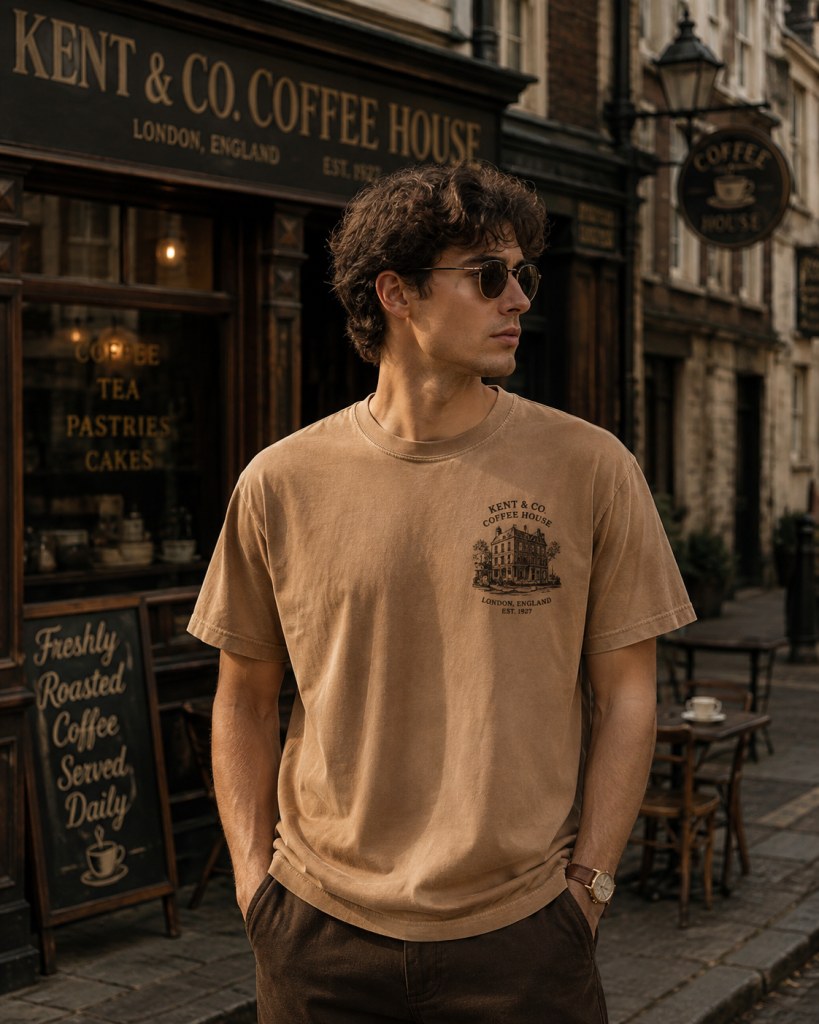 Vintage local coffee and café-inspired apparel graphic with retro branding and café elements