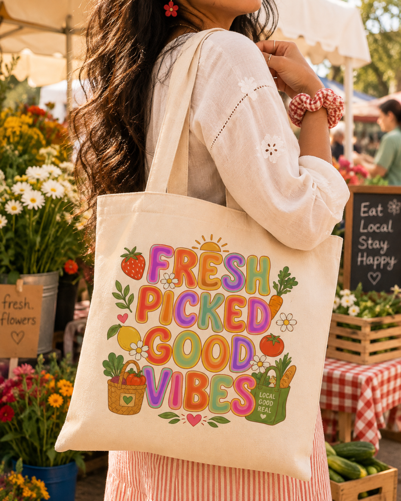 Woman carrying a custom printed Liberty Bags Branson Tote 8502 at a farmers market featuring colorful artwork created with Apliiq custom tote bag printing