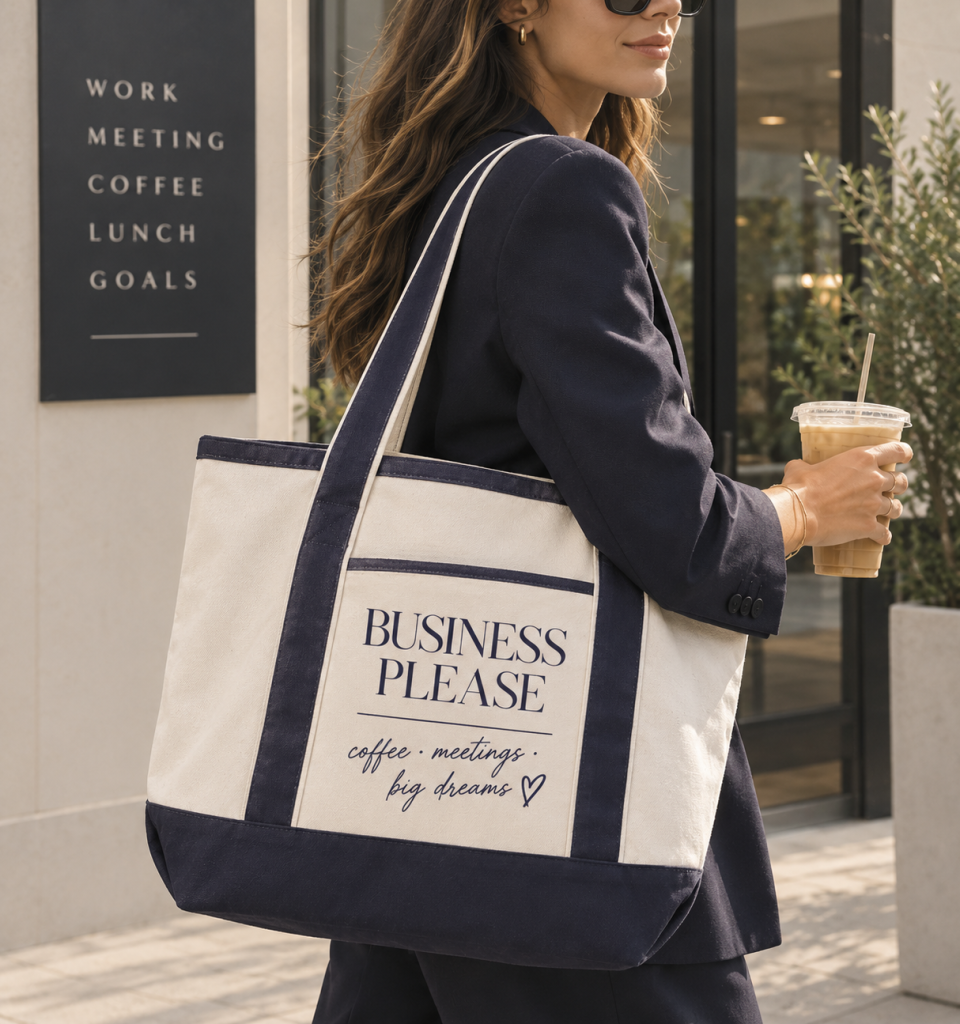 Woman carrying a custom printed Q-Tees Small Deluxe Tote Q125800 on her way to work, showcasing premium custom tote bag printing by Apliiq.