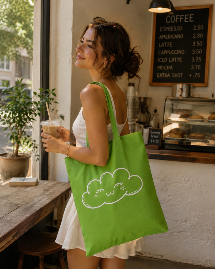 Woman carrying a custom printed Q-Tees Economical Tote QTBG at a café, showcasing premium Apliiq custom tote bag printing on a durable cotton canvas tote.