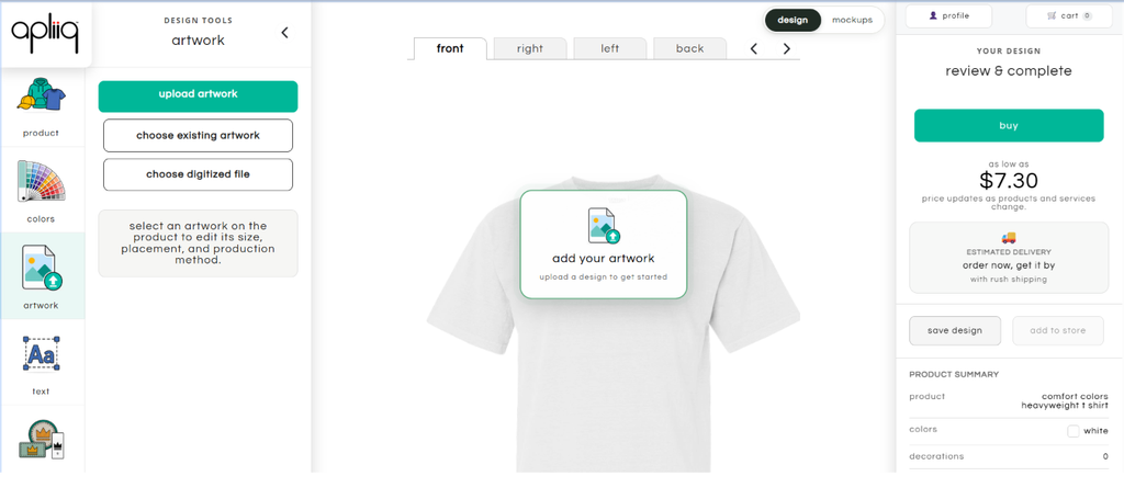 Apliiq Customizer interface for setting up a custom product