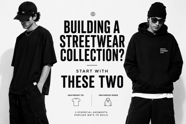 Streetwear collection featuring heavyweight T-shirts and crewneck sweatshirts in different styles