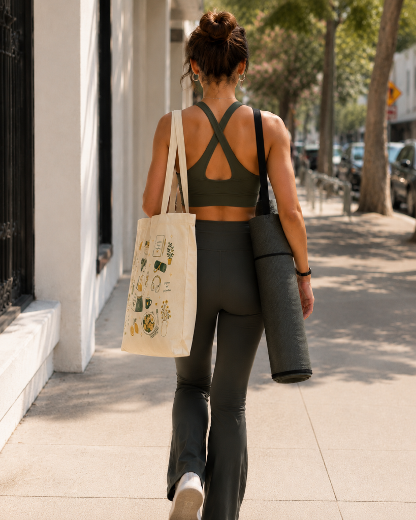 Woman carrying a custom printed econscious Eco Large Tote EC8001 on her way to a yoga class, featuring premium Apliiq custom tote bag printing on an organic cotton tote.