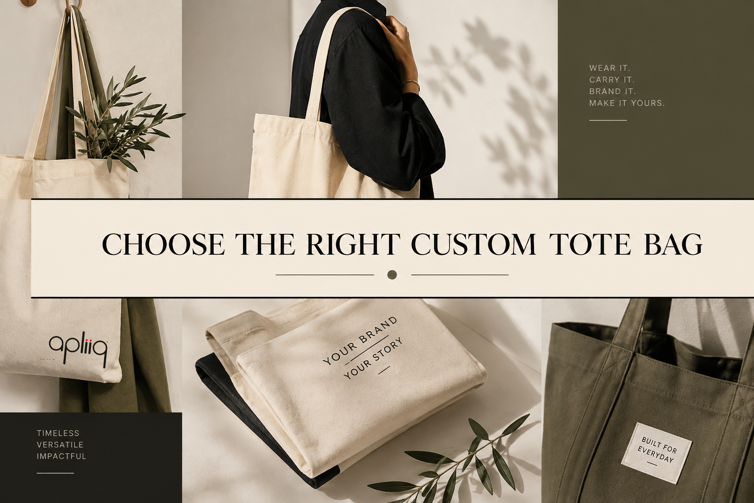 How to Choose Custom Tote Bags That Keep Your Brand in Sight showcasing stylish custom printed tote bags for branding and everyday use by Apliiq.