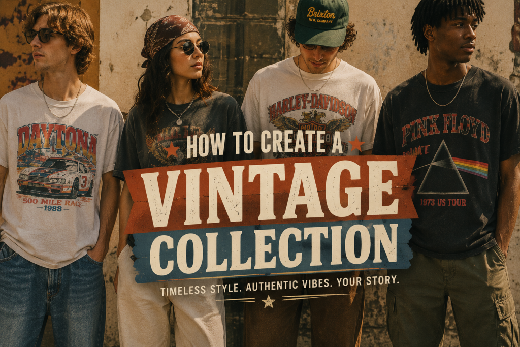 Vintage-inspired apparel with faded clothing, distressed details, and vintage design elements