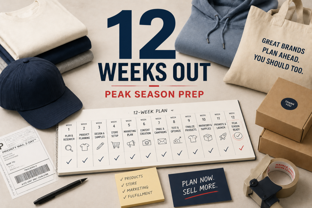 12-week peak season preparation timeline for print-on-demand brands, covering brand assets, labels and patches, product lineup, samples and margins, marketing, storefront, and fulfillment.
