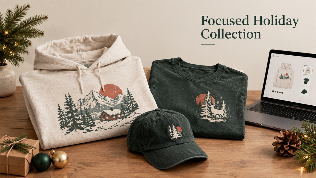 Winter mountain graphic hoodie, deer t-shirt, and holiday cap gift bundle displayed with festive Christmas decor for a nature-inspired seasonal collection to boost Holiday Etsy Sales