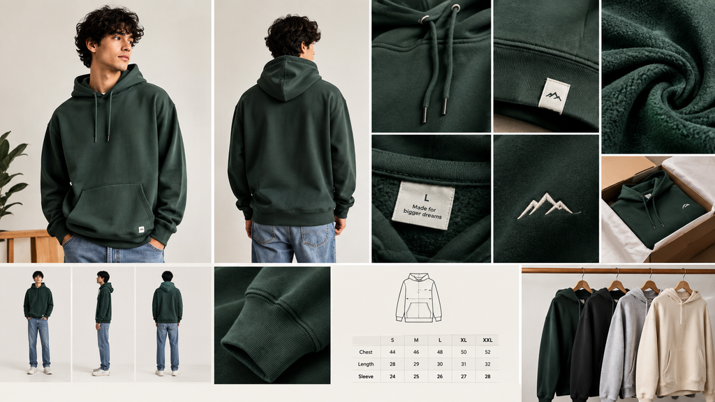 Men's forest green hoodie product display: includes fit photos, fabric detail shots, minimalist mountain branding, size chart, and available color variations like cream and heather grey to boost Holiday Etsy Sales