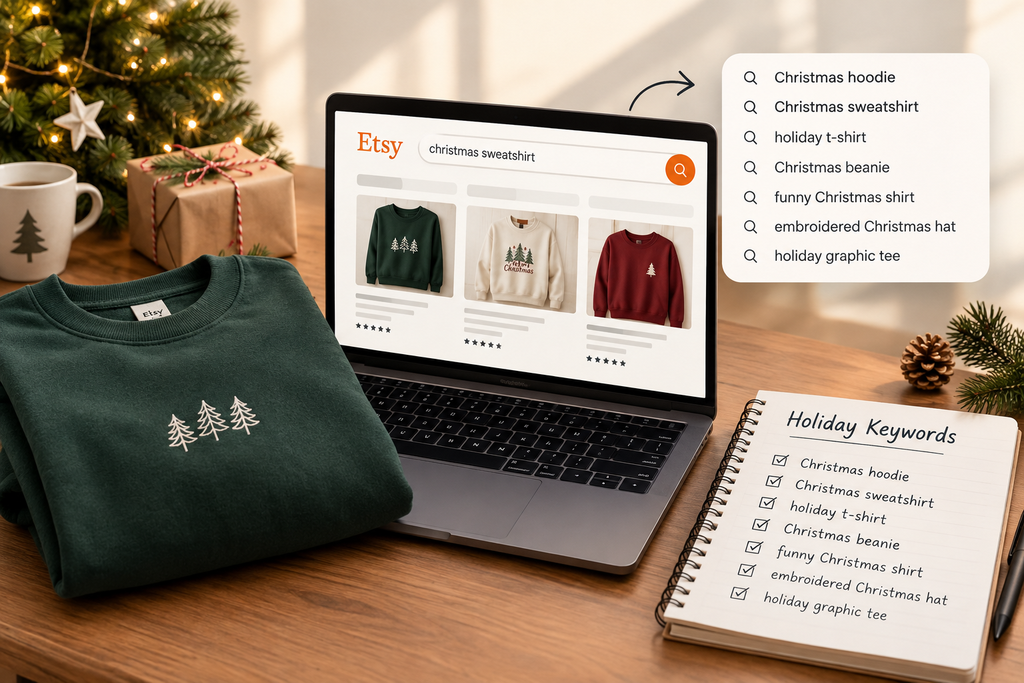 Etsy search results for Christmas sweatshirts, paired with a physical embroidered sweatshirt and a 'Holiday Keywords' checklist for Etsy sellers aiming to rank for seasonal search terms to boost Holiday Etsy Sales
