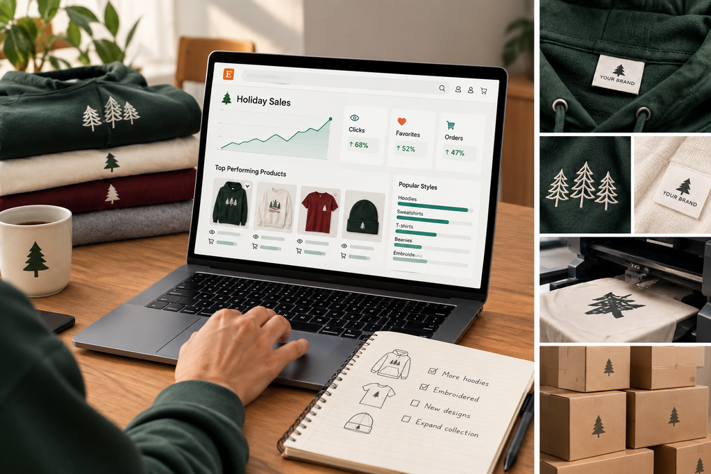 Etsy shop owner managing a successful apparel line. Image highlights premium brand details like custom 'Your Brand' labels, intricate tree embroidery on fleece, and branded packaging. A laptop shows a sales growth chart alongside a business planning notebook for a holiday collection to boost Holiday Etsy Sales