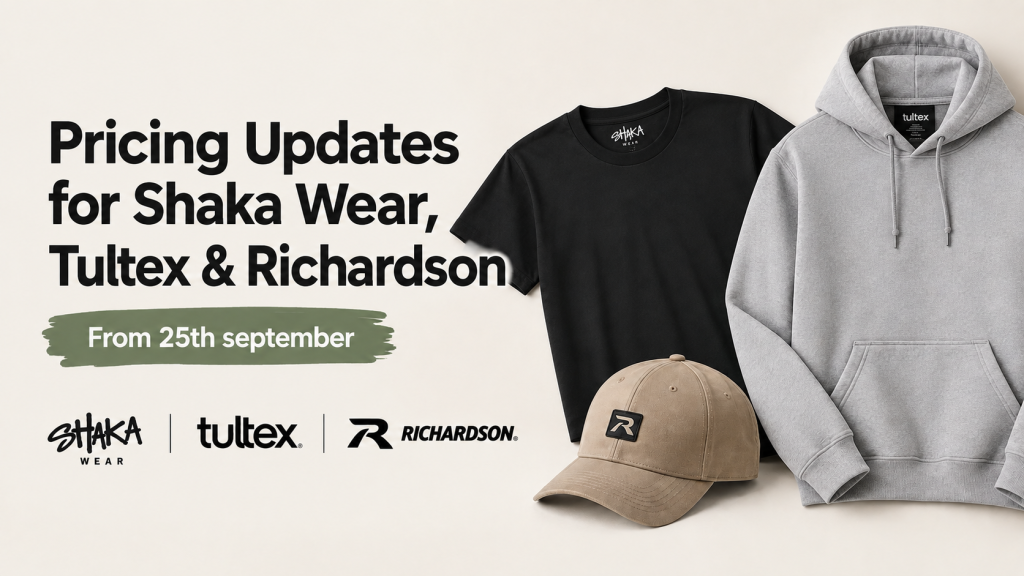 Apliiq product price update for Shaka Wear, Tultex, and Richardson