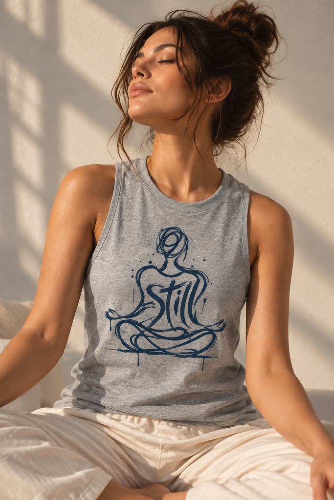 Bella+Canvas Women's Muscle Tank (6003) featuring a minimalist “STILL” meditation graphic, shown as a yoga-inspired on-demand apparel design
