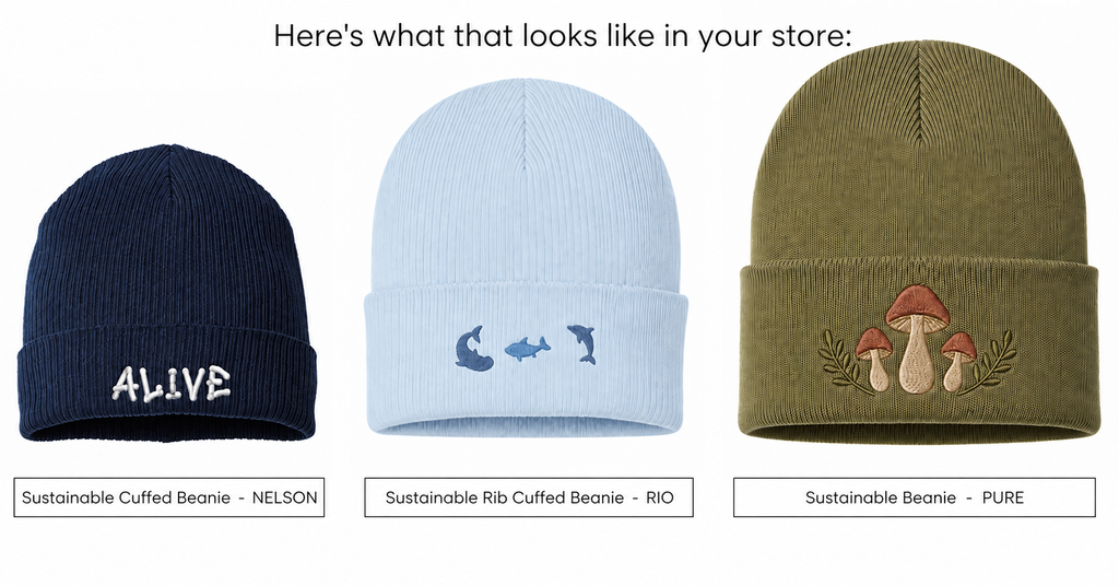Three sustainable beanies from Atlantis Headwear: NELSON, RIO, and PURE, shown with different colors and embroidered designs.