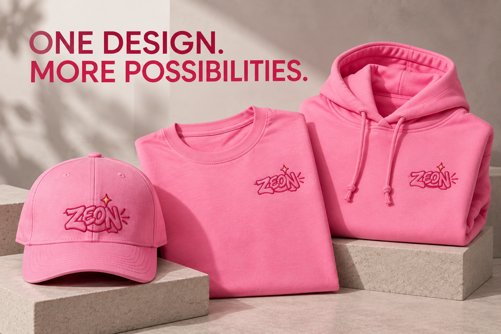 Pink embroidered cap, T-shirt, and hoodie featuring the same design, illustrating how one embroidery design can be used across multiple products.