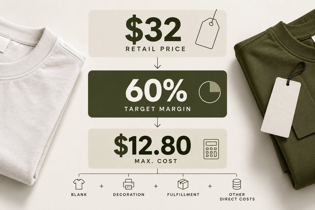 Print-on-demand clothing margin example showing a $32 retail price, 60% target margin, and $12.80 maximum cost for blank, decoration, fulfillment, and other direct costs.